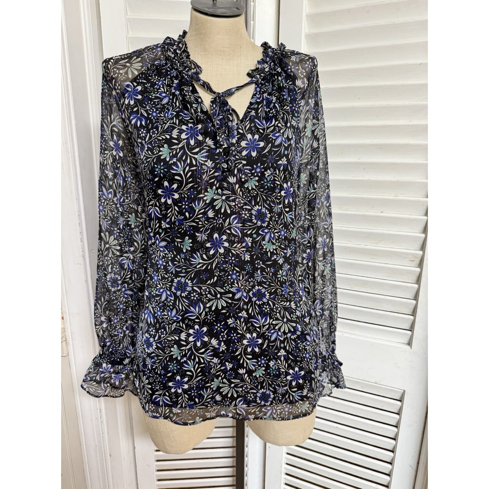 Ann Taylor LOFT Floral Ruffled Tie Neck Blouse Metallic Lined Navy Blue M/Medium